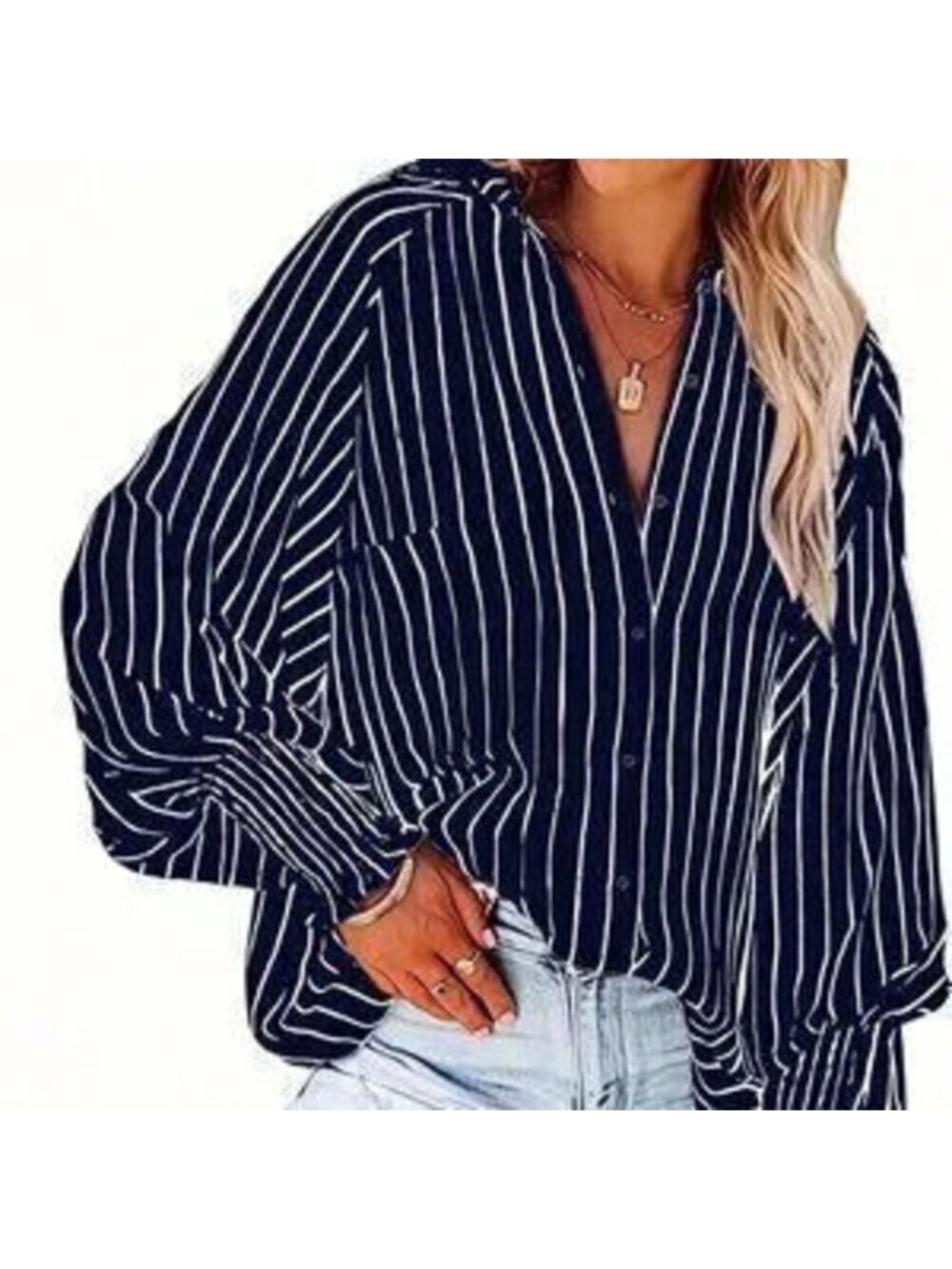 Plus Size Navy Blue Casual Women's Striped Print Notched Neckline Blouse